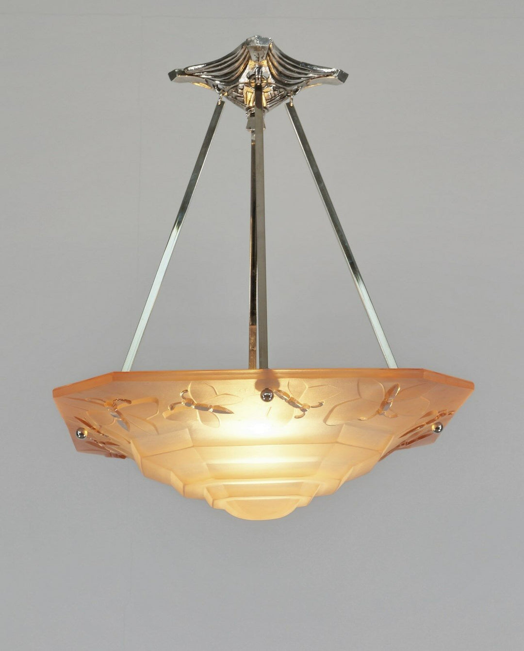 DEGUE : FRENCH 1930 ART DECO CHANDELIER .. butterflies . pendant lamp muller era