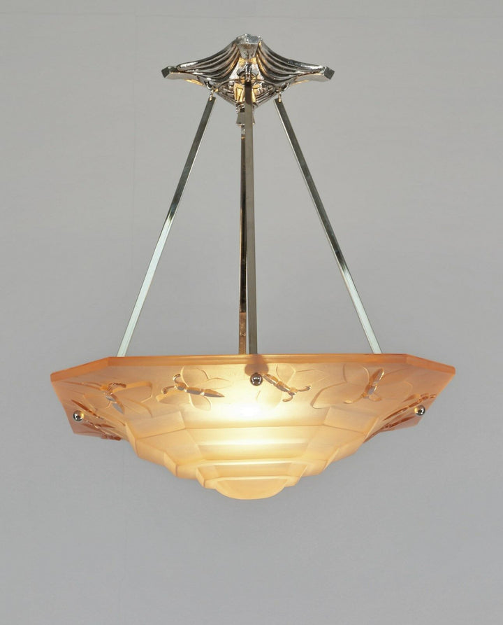 DEGUE : FRENCH 1930 ART DECO CHANDELIER .. butterflies . pendant lamp muller era