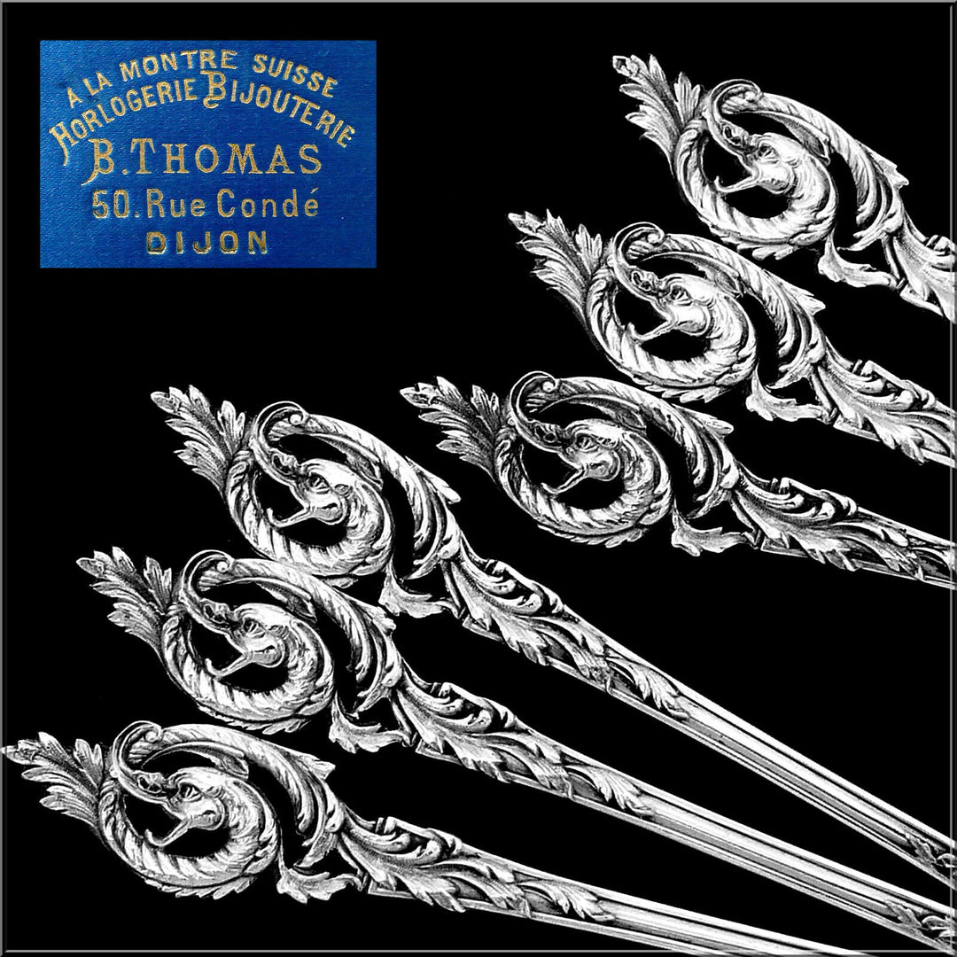 Canaux French Sterling Silver 18k Gold Coffee Dessert Spoons Set, Box, Dragon