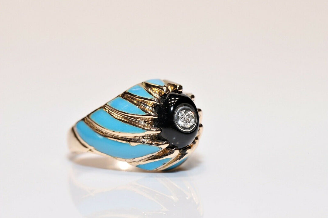 オールド 14K ナチュラルダイヤモンド、オニキス、エナメルのリング