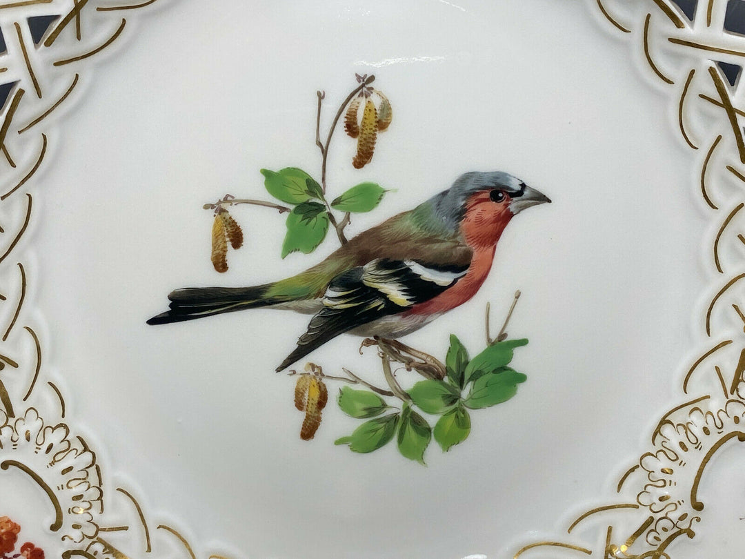 MEISSEN DURCHBRUCHTELLER TELLER VOGELMALEREI VOGEL AUF AST BLUMEN INSEKT D:21cm