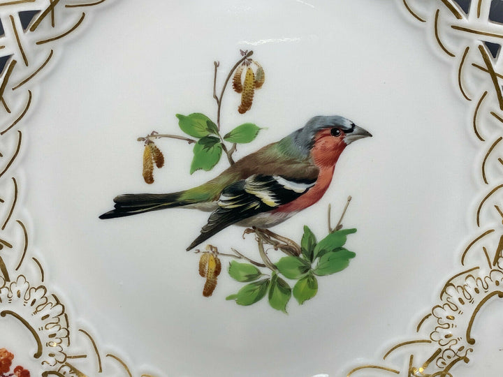 MEISSEN DURCHBRUCHTELLER TELLER VOGELMALEREI VOGEL AUF AST BLUMEN INSEKT D:21cm