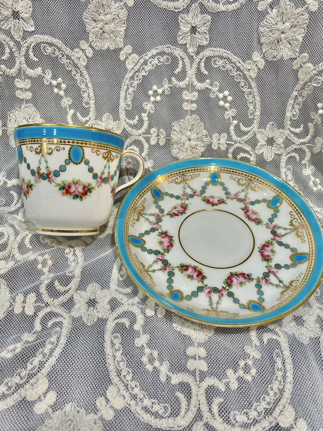Minton Hand Painted Turquoise Rose Gold Enamel Tea Cup Saucer Set
