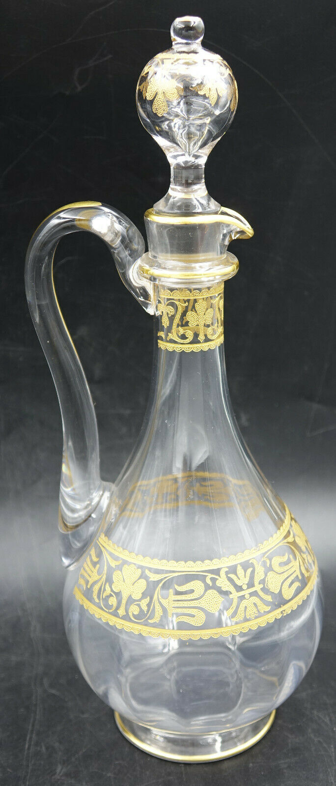 French Baccarat Crystal Handled Wine Decanter Gold Encrusted Fleur De Lys 1907
