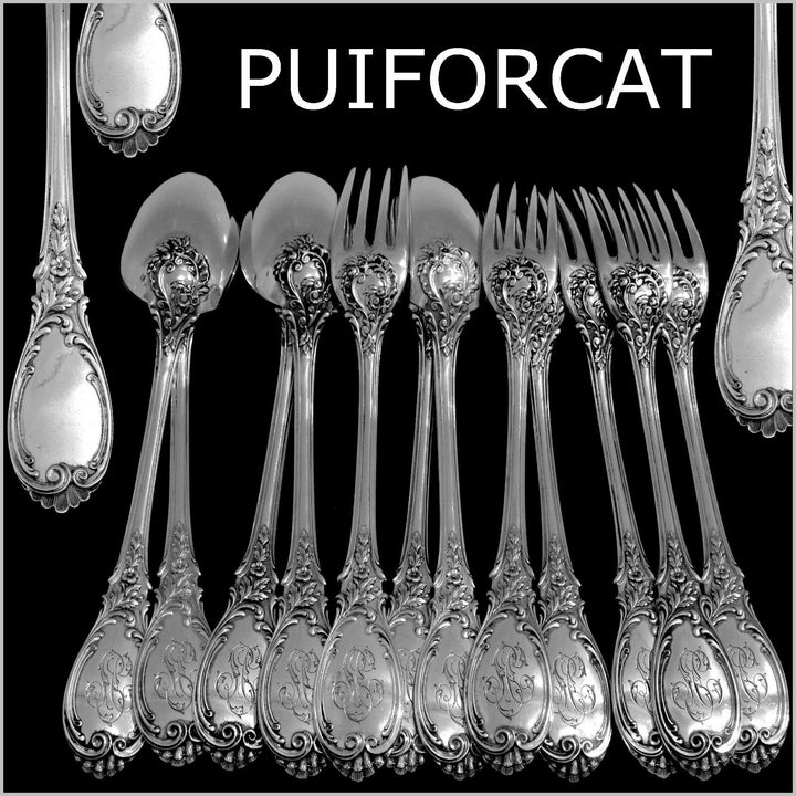 Puiforcat Fabulous French Sterling Silver Dinner Flatware Set 12 pc Roses