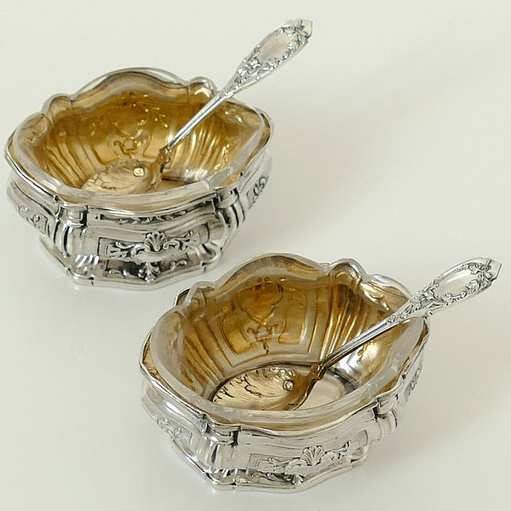 Puiforcat French Sterling Silver Salt Cellars Pair, Spoons, Box,