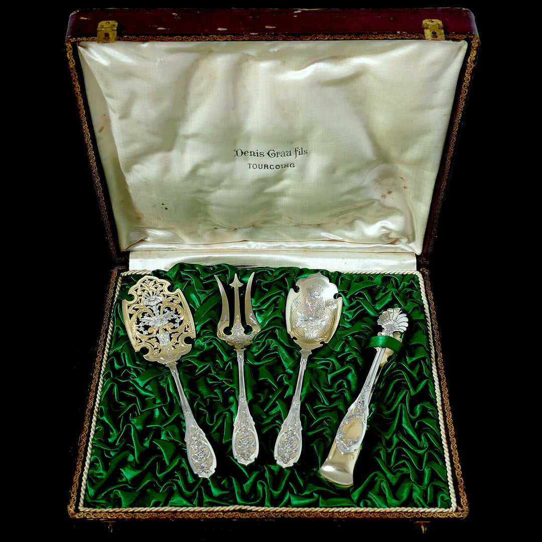 Puiforcat French Sterling Silver 18k Gold Dessert Set 4 Pc, Box, Moderne