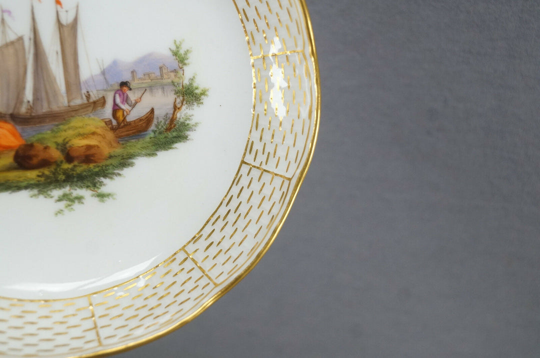 Meissen Hand Painted Courting Couple Boats Castle & Gold Chocolate Cup C. 1740