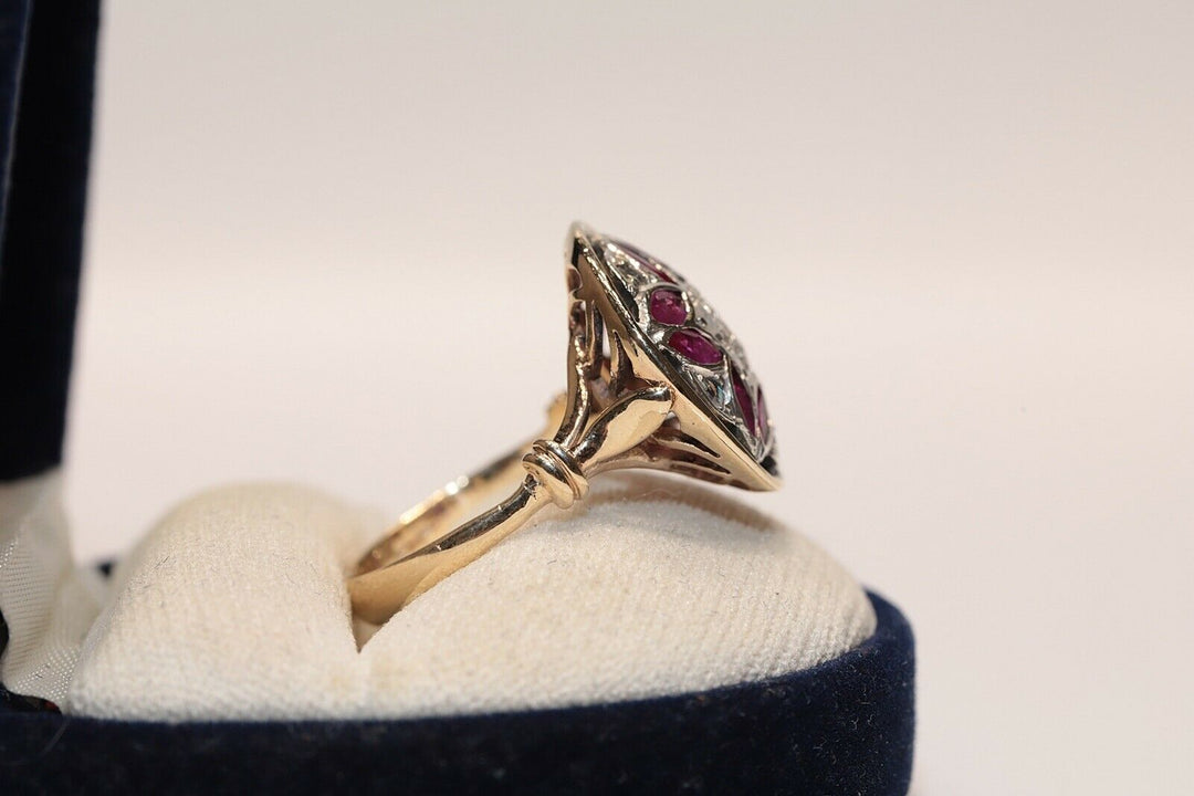 アンティーク 14K ヴィクトリアン ナチュラルローズカットダイヤモンドとルビーのリング