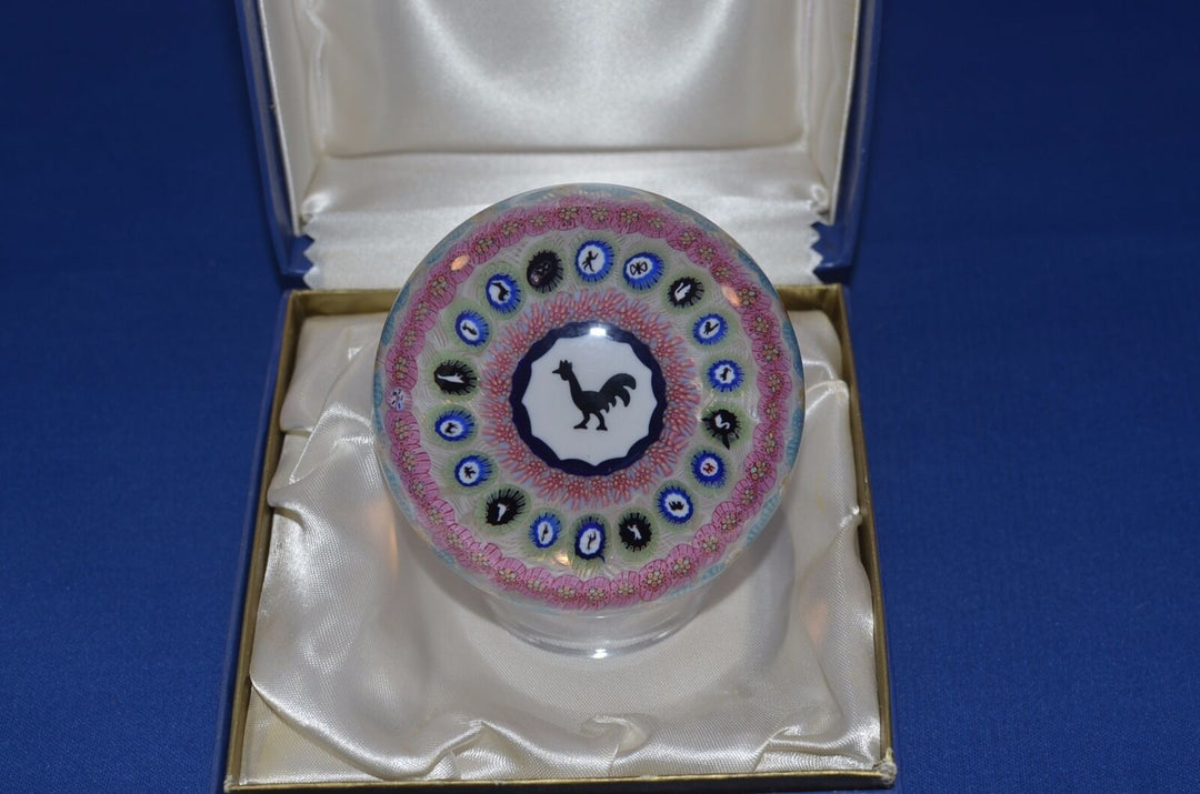Baccarat 1971 Gridel rooster and concentric millefiori paperweight