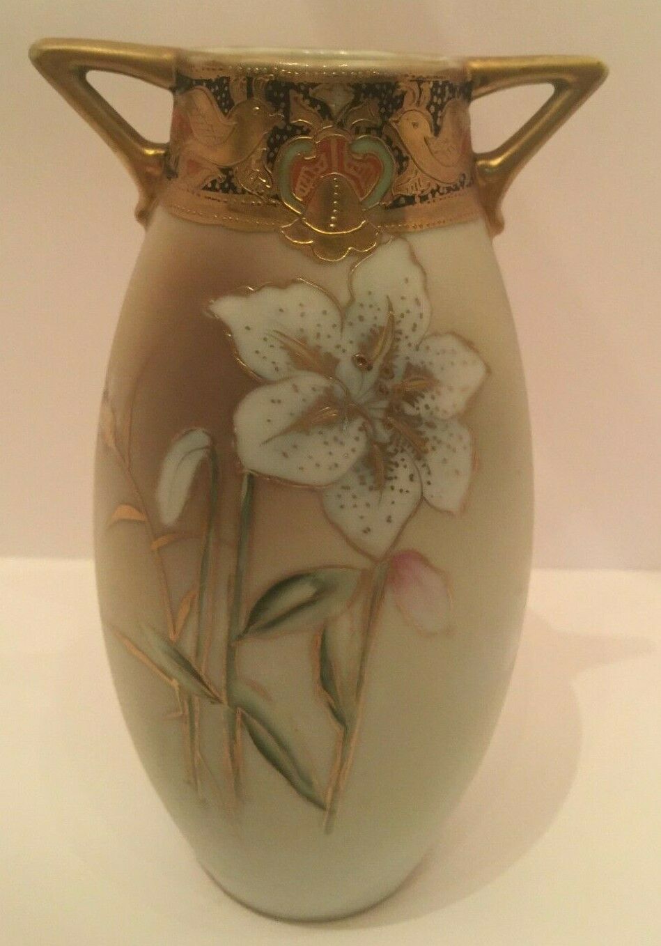Antique Nippon Handled Hand Painted Brown Tiger Lilly Encrusted Porcelain Vase