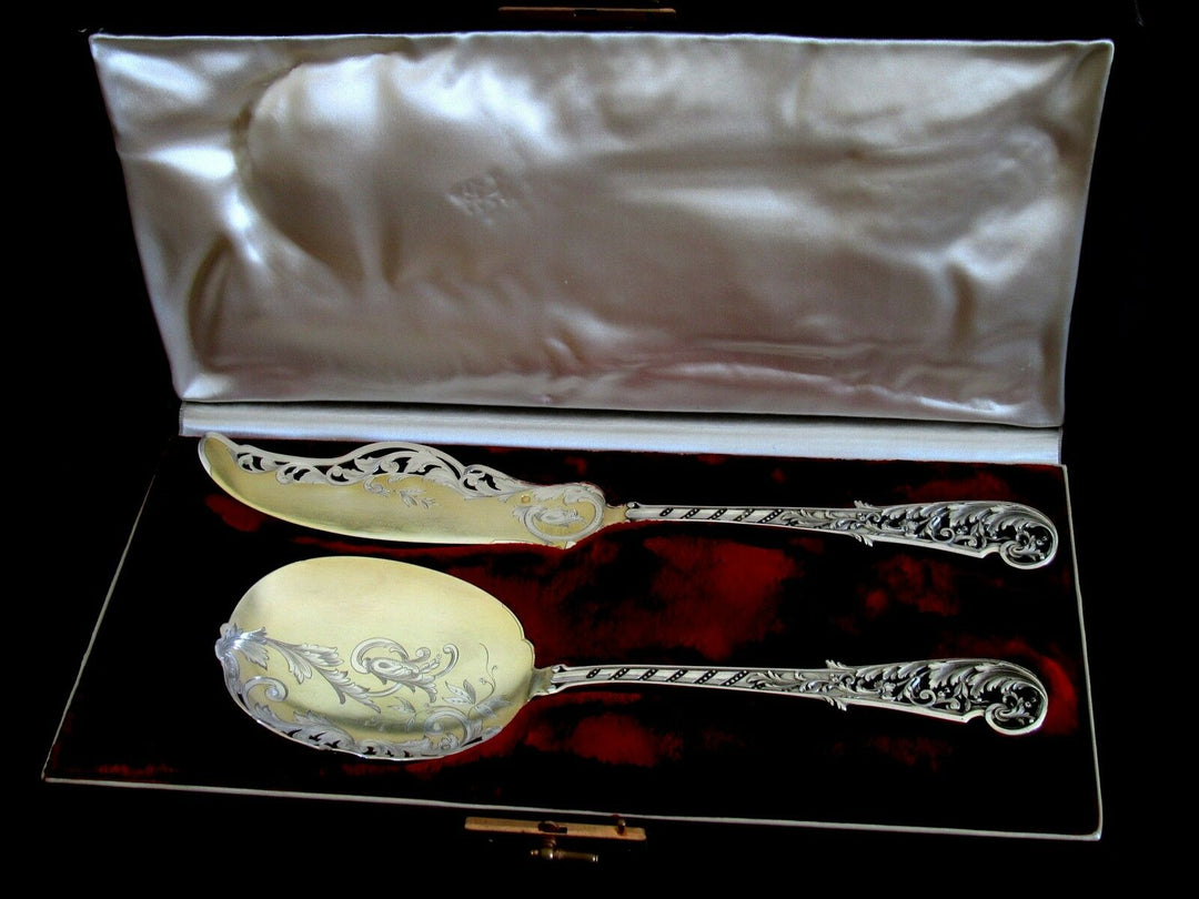 Soufflot Top French Sterling Silver 18k Gold Ice Cream Set 2 pc w/box Rococo