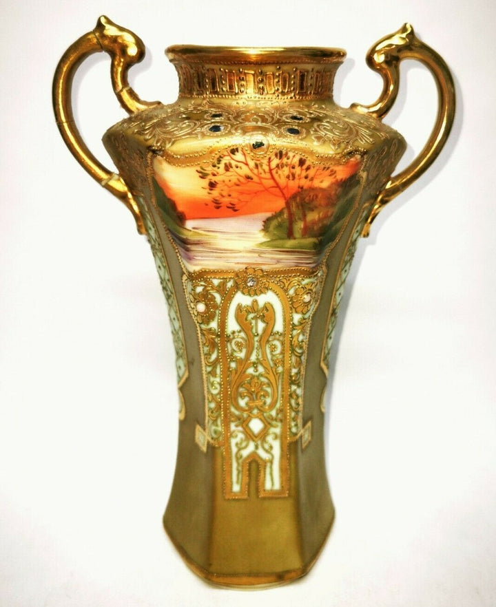 Antique Noritake Two Handled Pedestal Vase Gilted & Jewelled c1906 Art Nouveau
