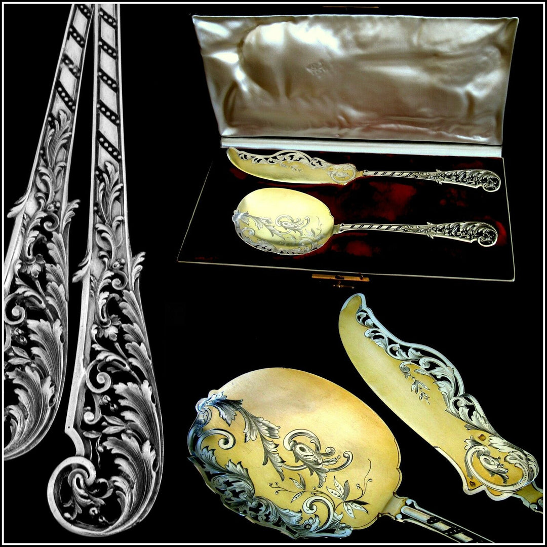 Soufflot Top French Sterling Silver 18k Gold Ice Cream Set 2 pc w/box Rococo