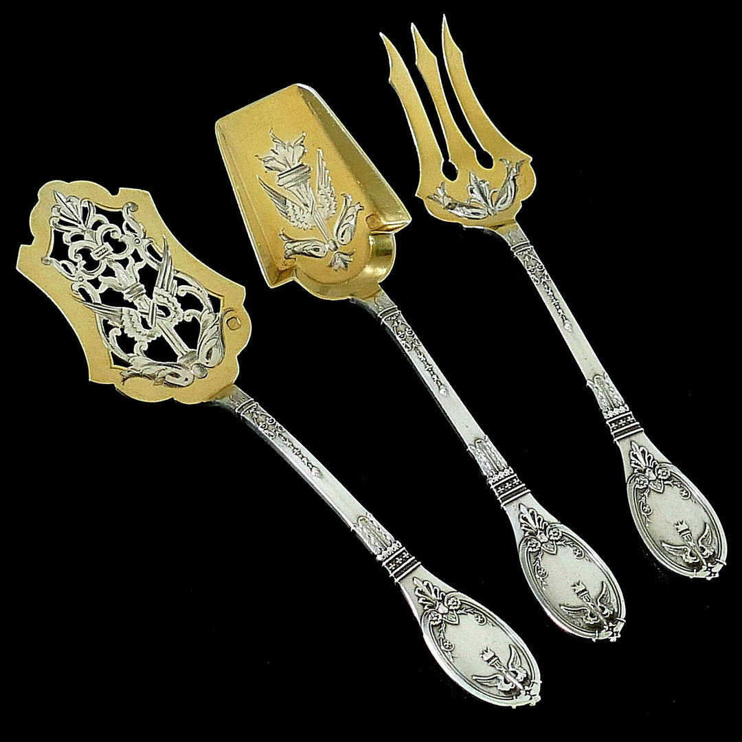Lapparra French Sterling Silver 18k Gold Dessert Set 4 Pc, Original Box, Empire