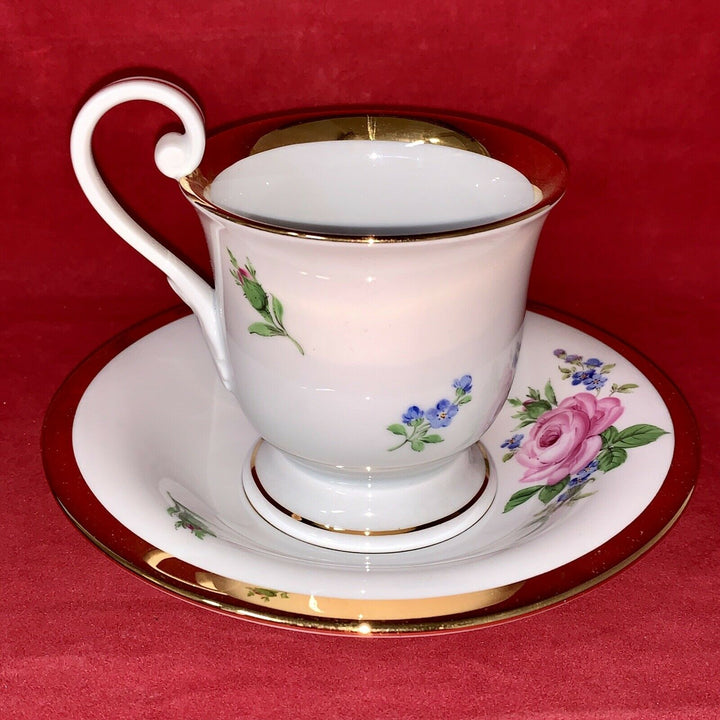 マイセン(Meissen)　カップ＆ソーサー　ピンクローズ・勿忘草　金縁　1級品