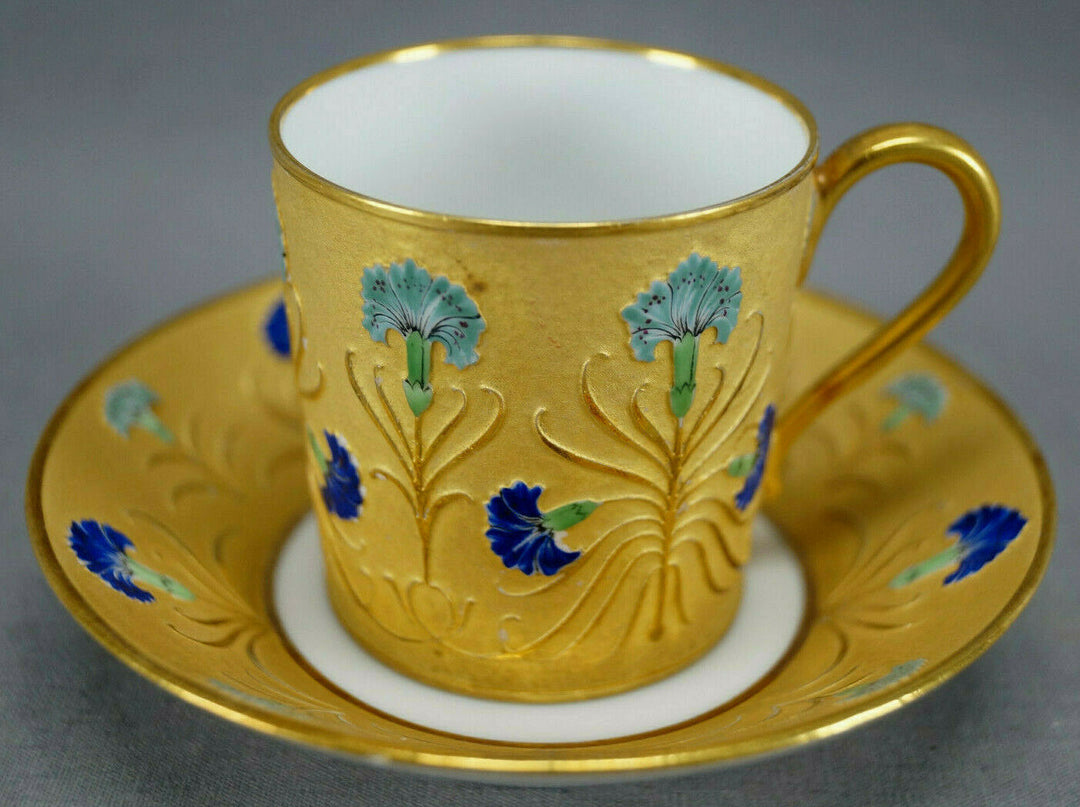 Antique French Hand Painted Blue Carnation Flower & Gold Demitasse Cup & Saucer