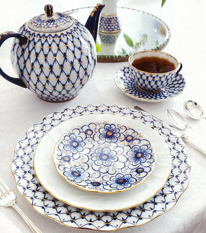 Cobalt Net Teacup, Saucer, Plate Set by Imperial Porcelain Russian Lomonosov LFZ