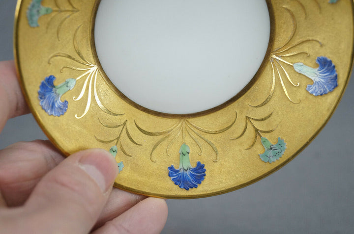 Antique French Hand Painted Blue Carnation Flower & Gold Demitasse Cup & Saucer