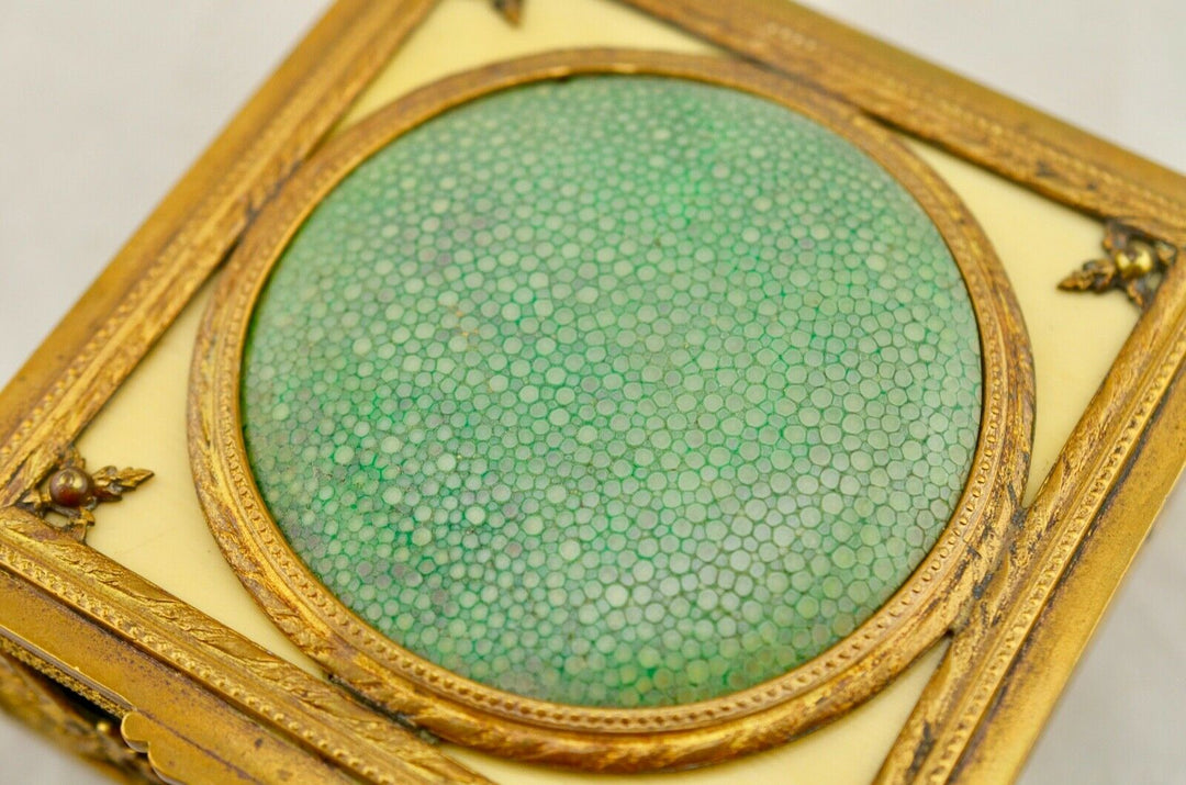 Antique French C.19th shagreen & gilt ormolu bronze hinged dressing table box