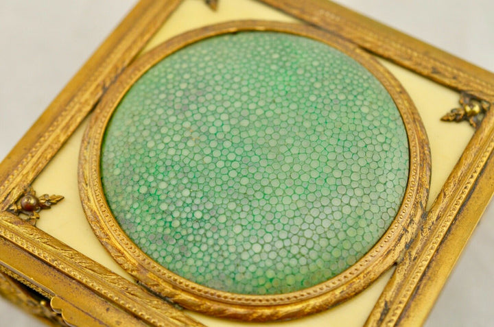 Antique French C.19th shagreen & gilt ormolu bronze hinged dressing table box