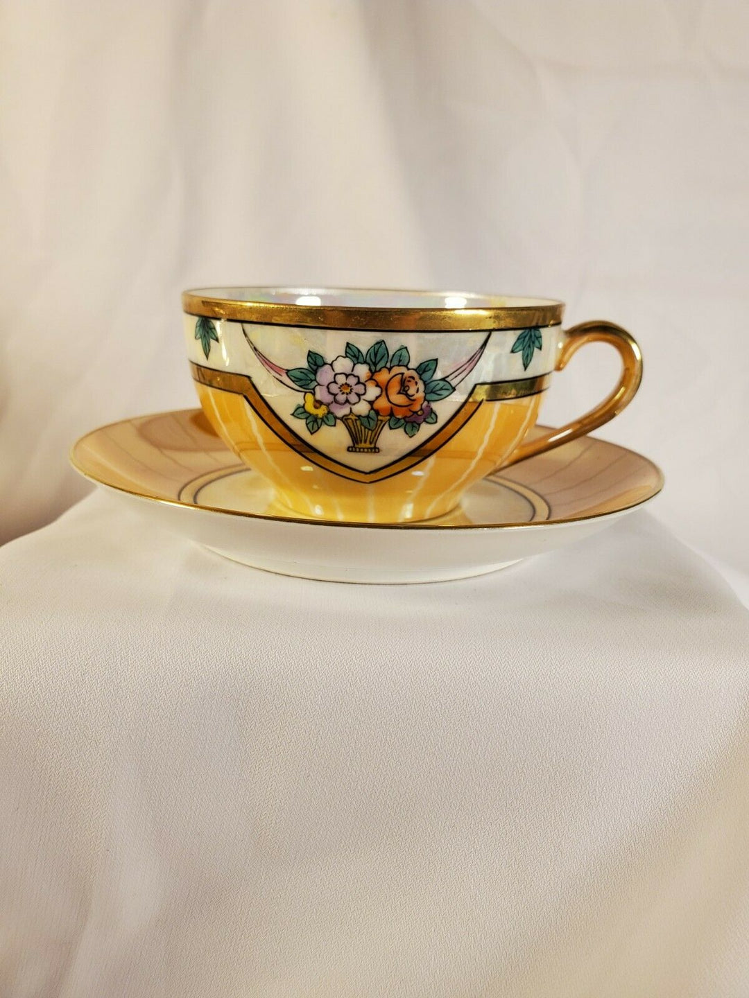 Noritake Teacup & Saucer Iridescent Lusterware Orange & White w/ Gold Trim Japan
