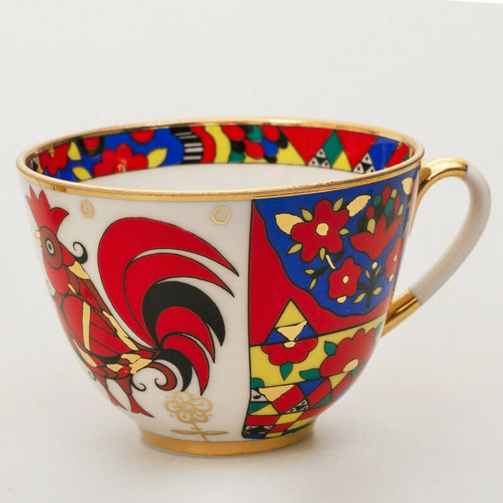 Folk Patterns Teacup & Saucer by Imperial Lomonosov Porcelain Red Rooster Luxury