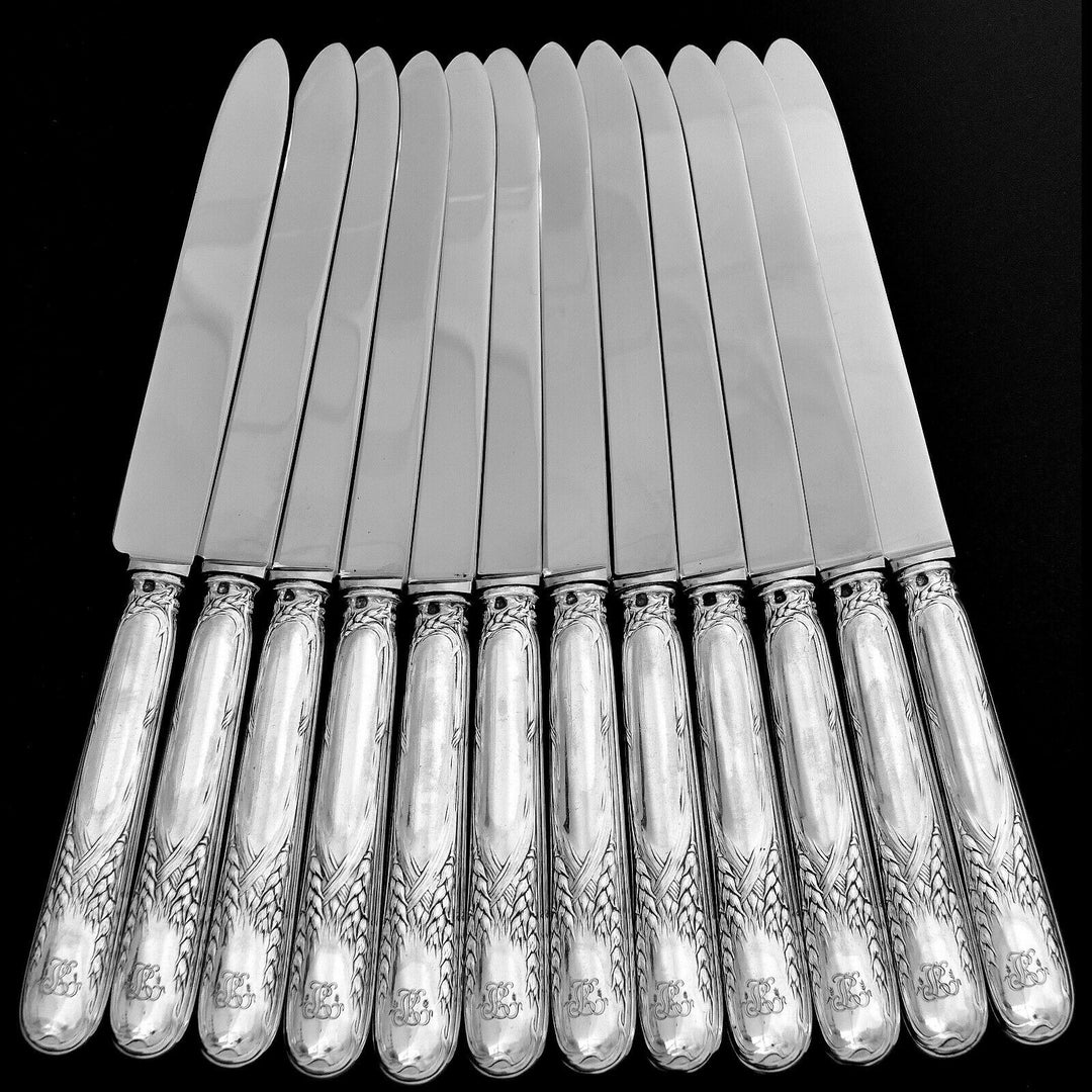 Puiforcat Rare French Sterling Silver Dinner Knife Set 12 Pc, Wheat, Art Nouveau