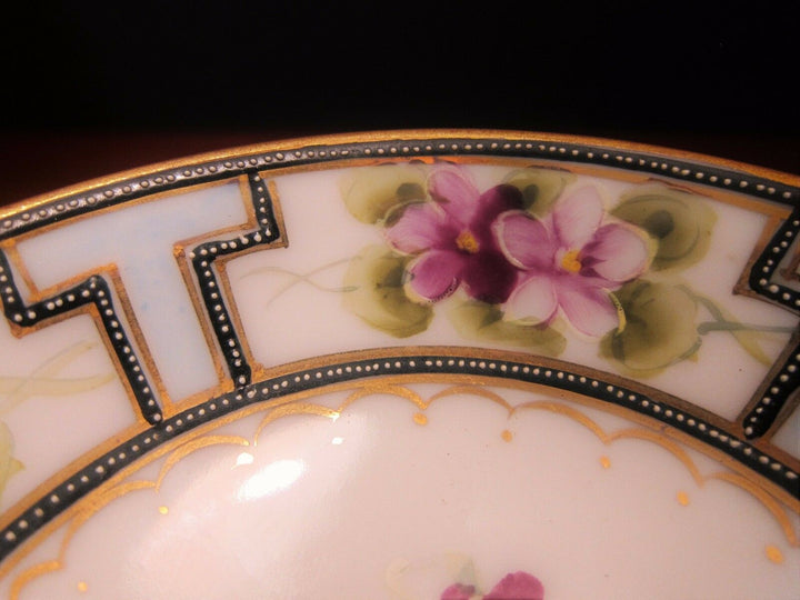 Nippon Hand Painted Moriage Pedestal Bowl Gold Handles 5” Blue Morimura Stamp
