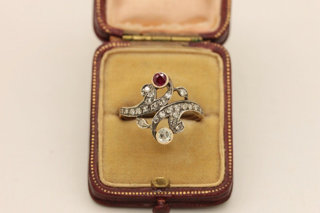 アンティーク オリジナル 14K ナチュラルダイヤモンドとルビーのリング
