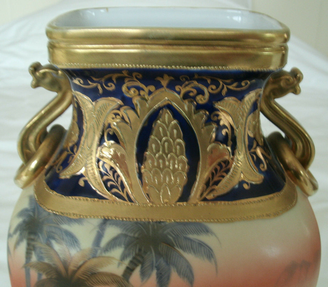 A Stunning Gold Encrusted Noritake Desert Scene Camel Pattern Large 12 in Vase