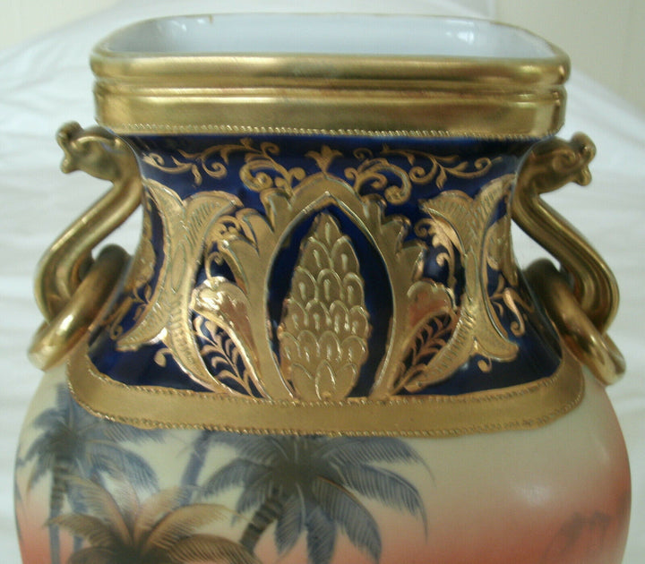 A Stunning Gold Encrusted Noritake Desert Scene Camel Pattern Large 12 in Vase