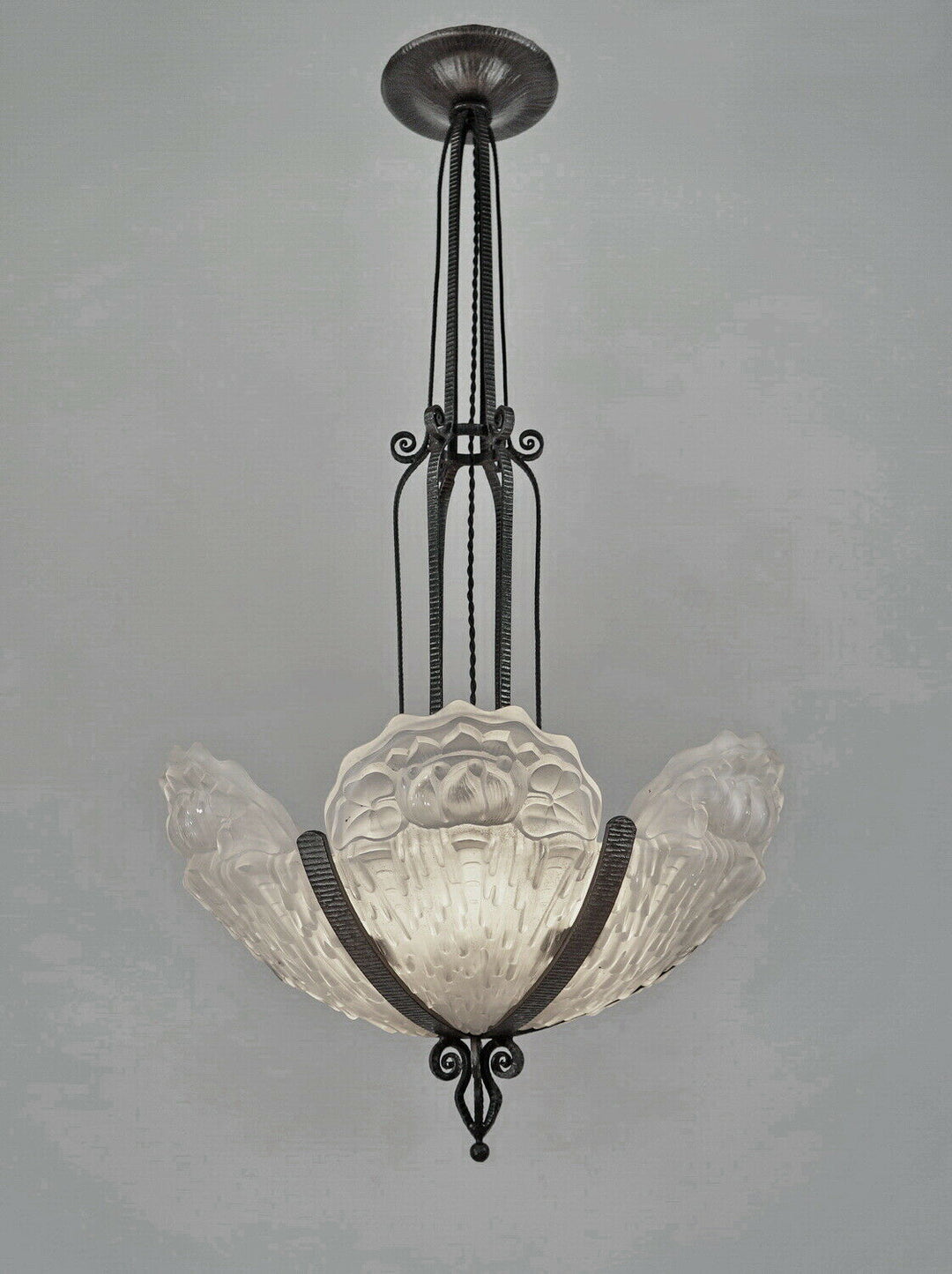 LOUIS RAVAUD : LARGE 1930 FRENCH ART DECO CHANDELIER . wrought iron muller era