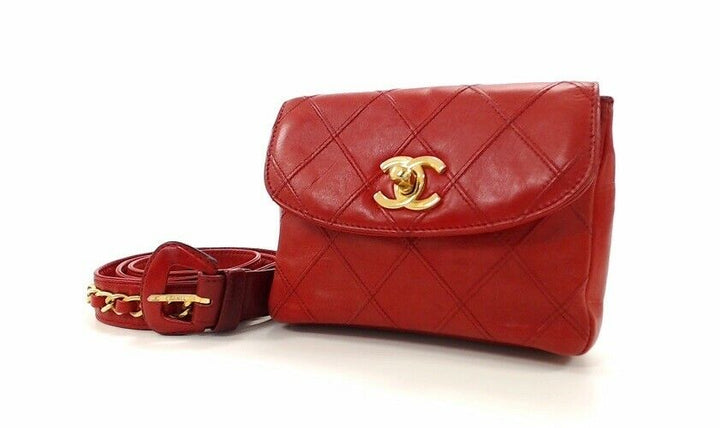 Auth CHANEL Quilted CC Chain Belt Waist Bum Bag Red Leather
