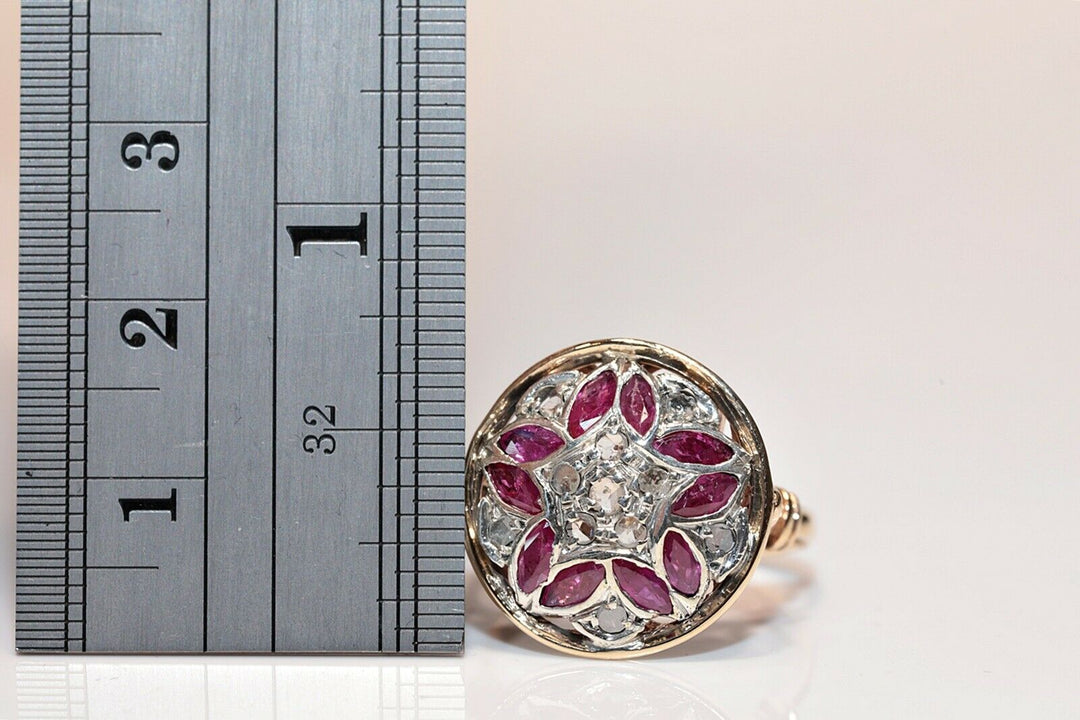 アンティーク 14K ヴィクトリアン ナチュラルローズカットダイヤモンドとルビーのリング