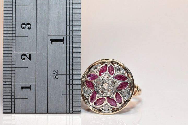 アンティーク 14K ヴィクトリアン ナチュラルローズカットダイヤモンドとルビーのリング