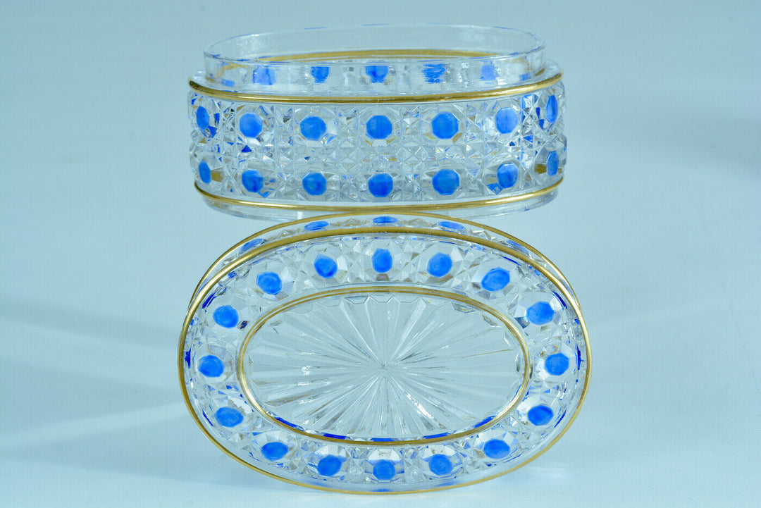 Boite en cristal de Baccarat Diamants Pierreries doublé bleu & filets or rare