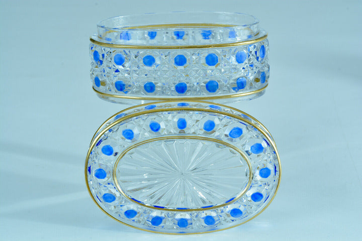 Boite en cristal de Baccarat Diamants Pierreries doublé bleu & filets or rare