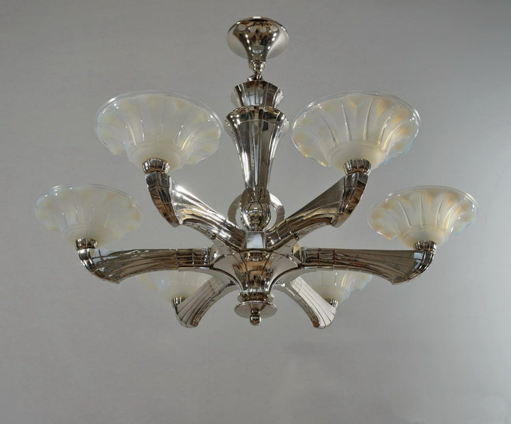 J.GAUTHIER EZAN EJG : LARGE 1930 1935 FRENCH OPALESCENT ART DECO CHANDELIER