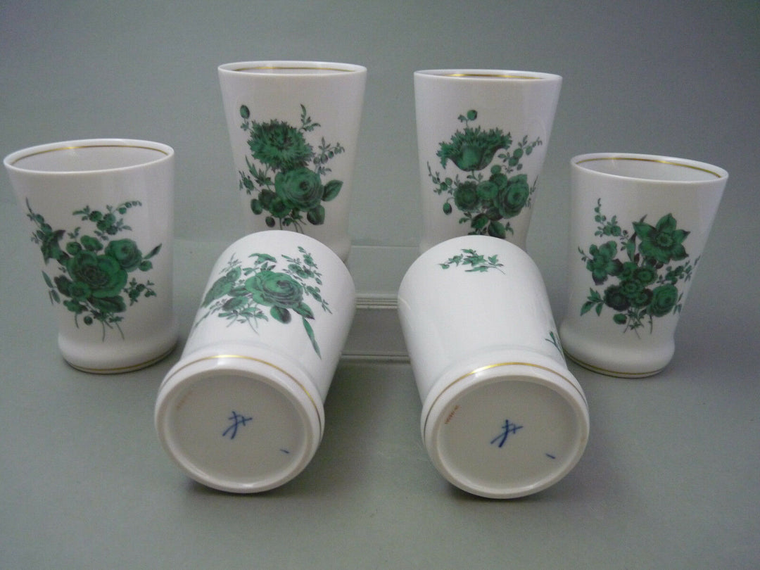 großer Krug + 6 Becher Meissen Blumenbukett grün Wein Saft Wasser Trinkset 7 tlg