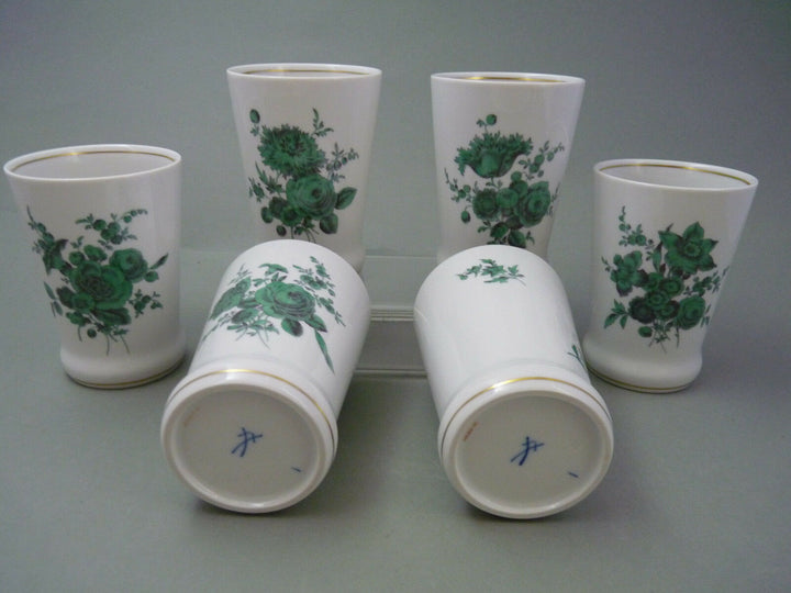 großer Krug + 6 Becher Meissen Blumenbukett grün Wein Saft Wasser Trinkset 7 tlg