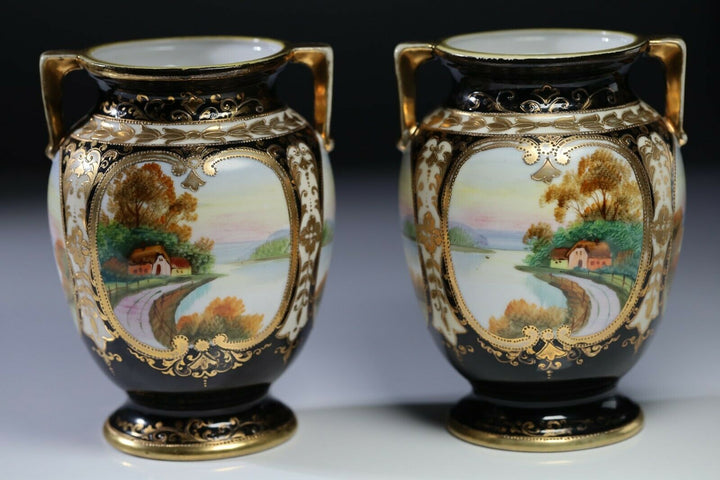 Pair of Art Deco Noritake Handled Vase Embellished Beads & Gilt Hand Painted