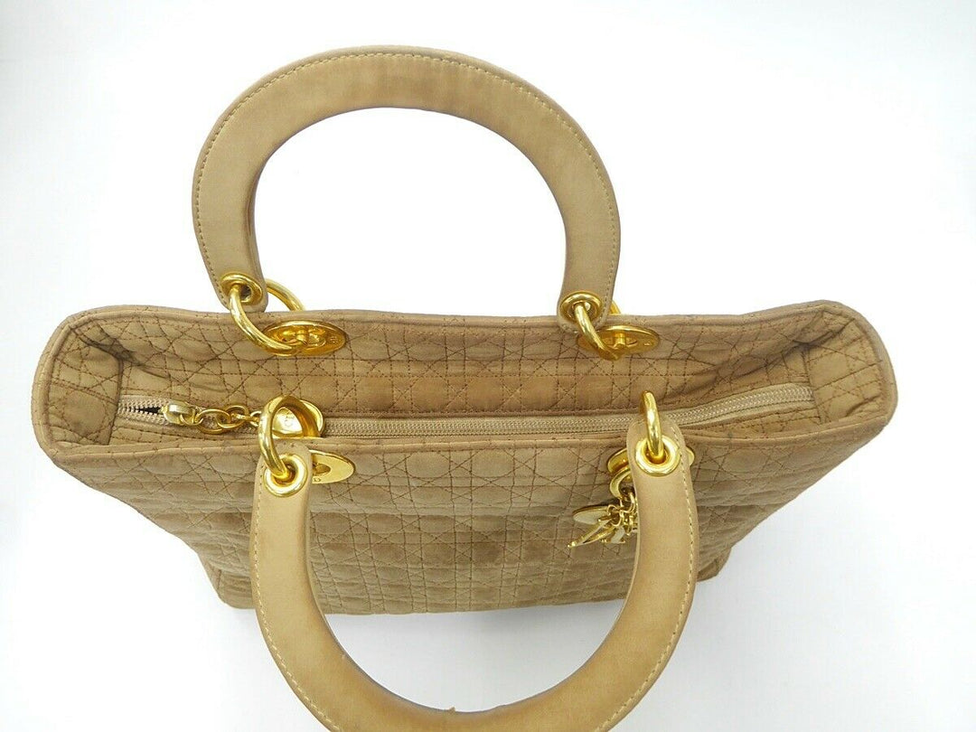 Auth Christian Dior Lady Cannage Hand Bag Nylon Leather Beige Vintage