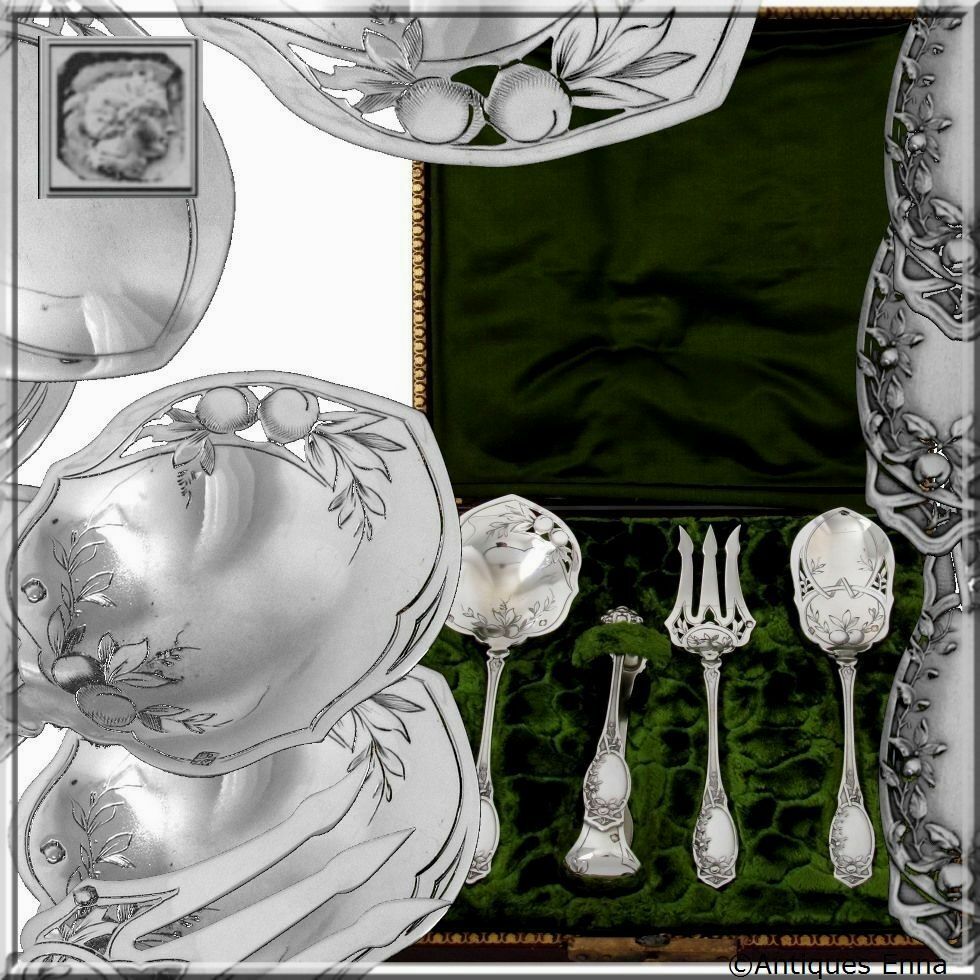 Coignet French All Sterling Silver Dessert Hors D'oeuvre Set 4 Pc, Box, Apples