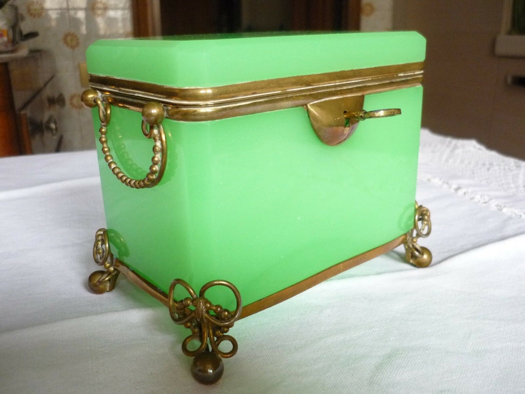 French/Bohemian Opaline/Vaseline Glass Casket Box 19th C Green