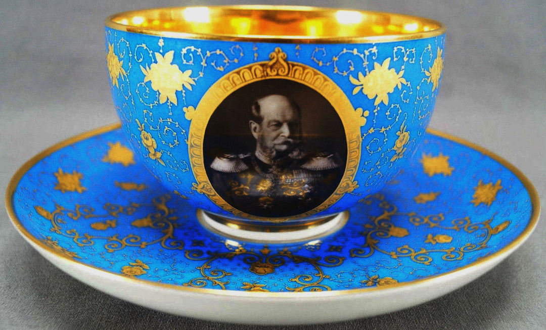 19th Century KPM Berlin Wilhelm I Royal Blue Gold Floral Oversized Cup & Saucer