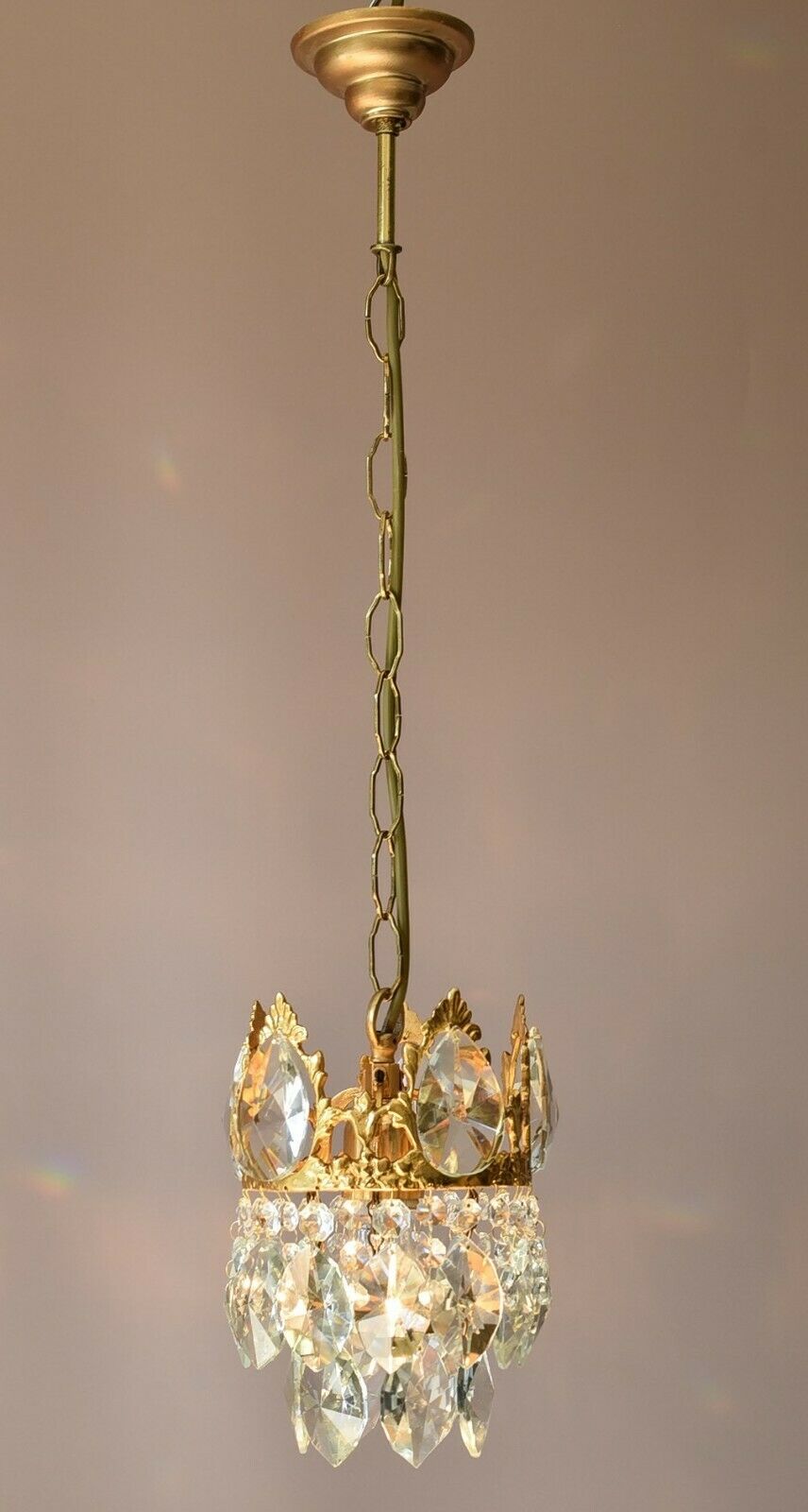 アンティーク/フレンチヴィンテージ　希少性の高いクリスタルシャンデリア　キッチン用　天井照明　ランプ　真鍮製