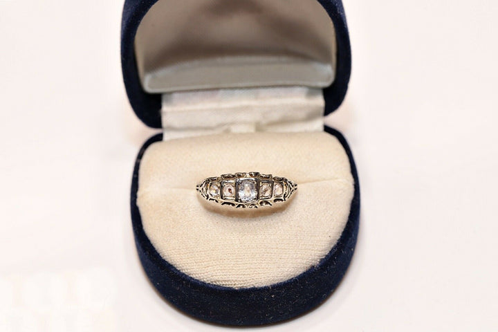 アンティーク 18K ナチュラルローズカットダイヤモンドとアクアマリンのリング