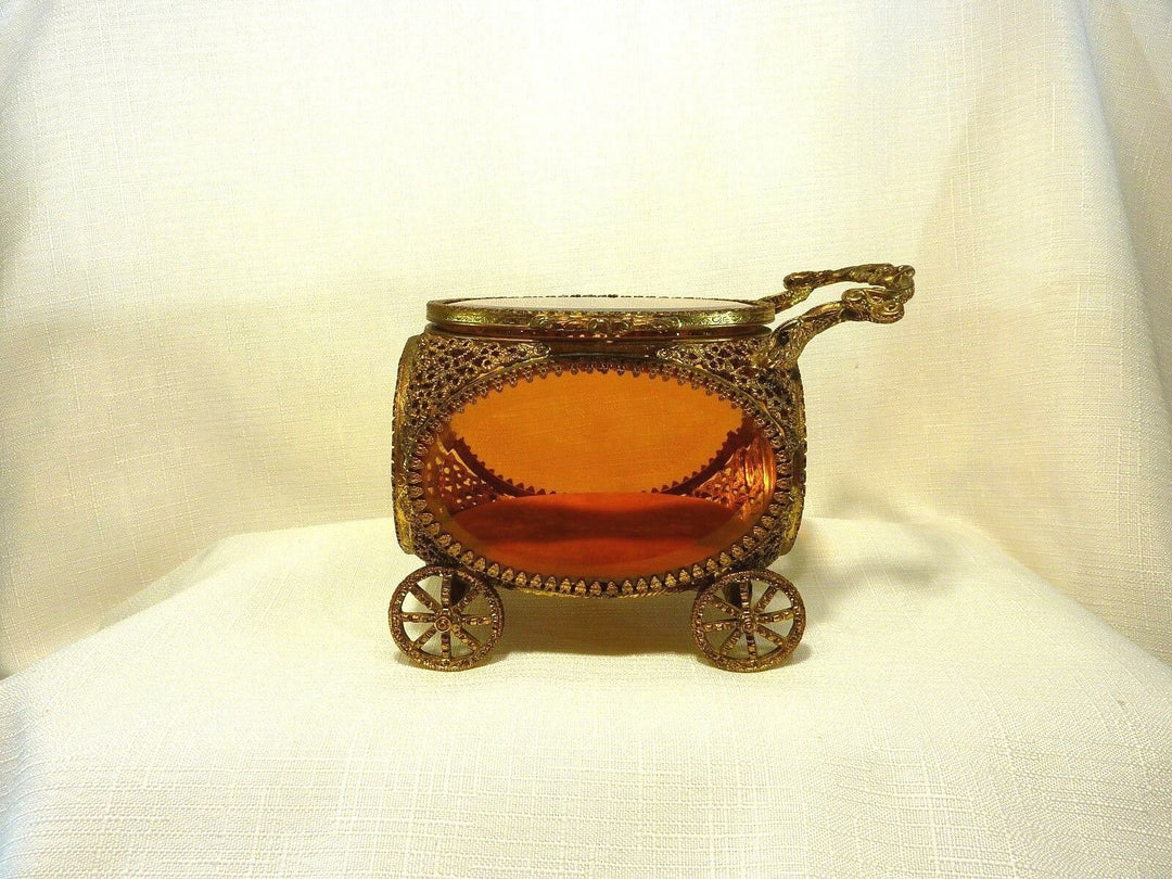 Vintage Ormolu 24k Gold Plate Amber Colour Beveled Glass Jewel Casket