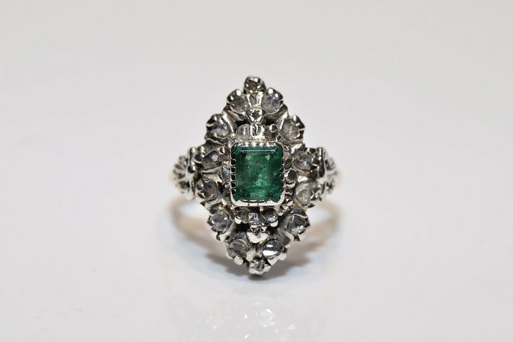 アンティーク ヴィクトリアン 18K ナチュラルローズカットダイヤモンドとエメラルドのナヴェットリング